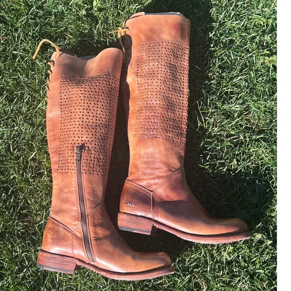BED STU Tan Leather Knee High Boots Sz 7 Cutout‎ Laced Side Goodyear Welt Women
